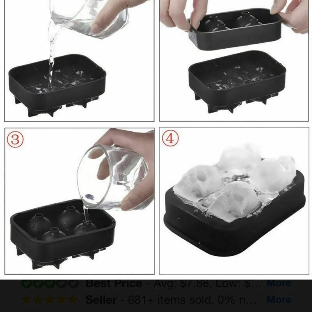 3D Black Skull‎ Ice Cube Tray or Mold Silicone
